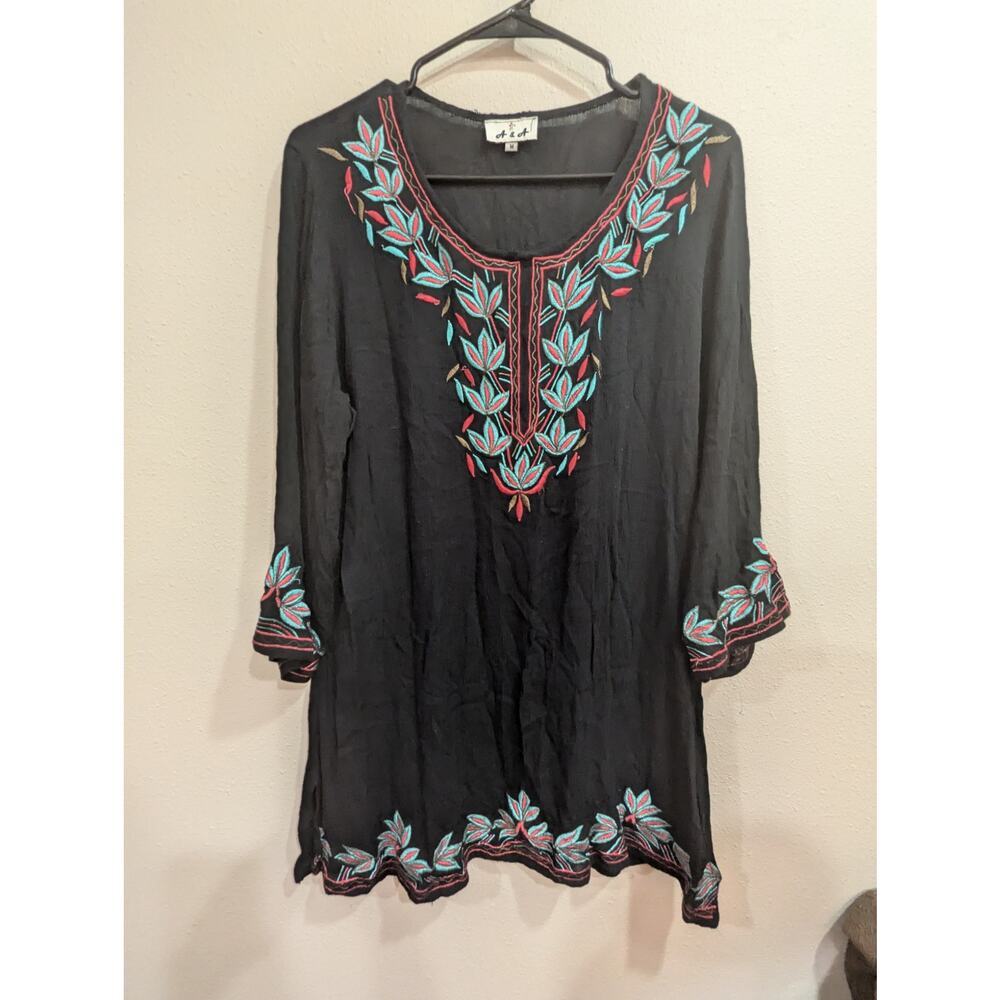Black long sleeve tunic top with embroidery detail by A & A size M